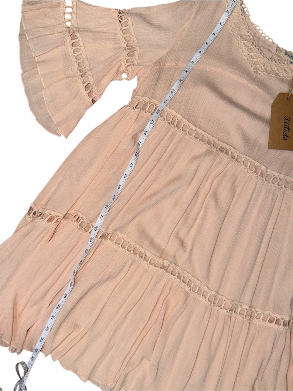 LISTICLE Blush Pink Lace-Trim Dress with Bell Sleeves - Picture 5 of 8